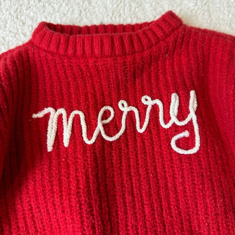 Old Navy 6-12 Months Merry Christmas Sweater Red White Embroider Baby Girl Boy